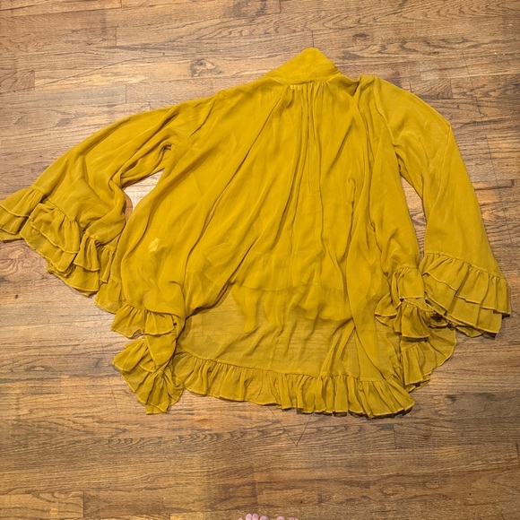 Let Me Be Sheer Tie-Neck Ruffle Blouse - Gold - New with Tags - Picture 4 of 7